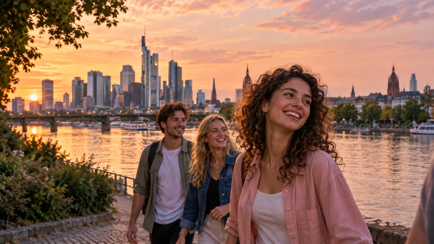 KI-Symbolbild: Freunde am Main mit Blick auf die Frankfurter Skyline im Abendlicht